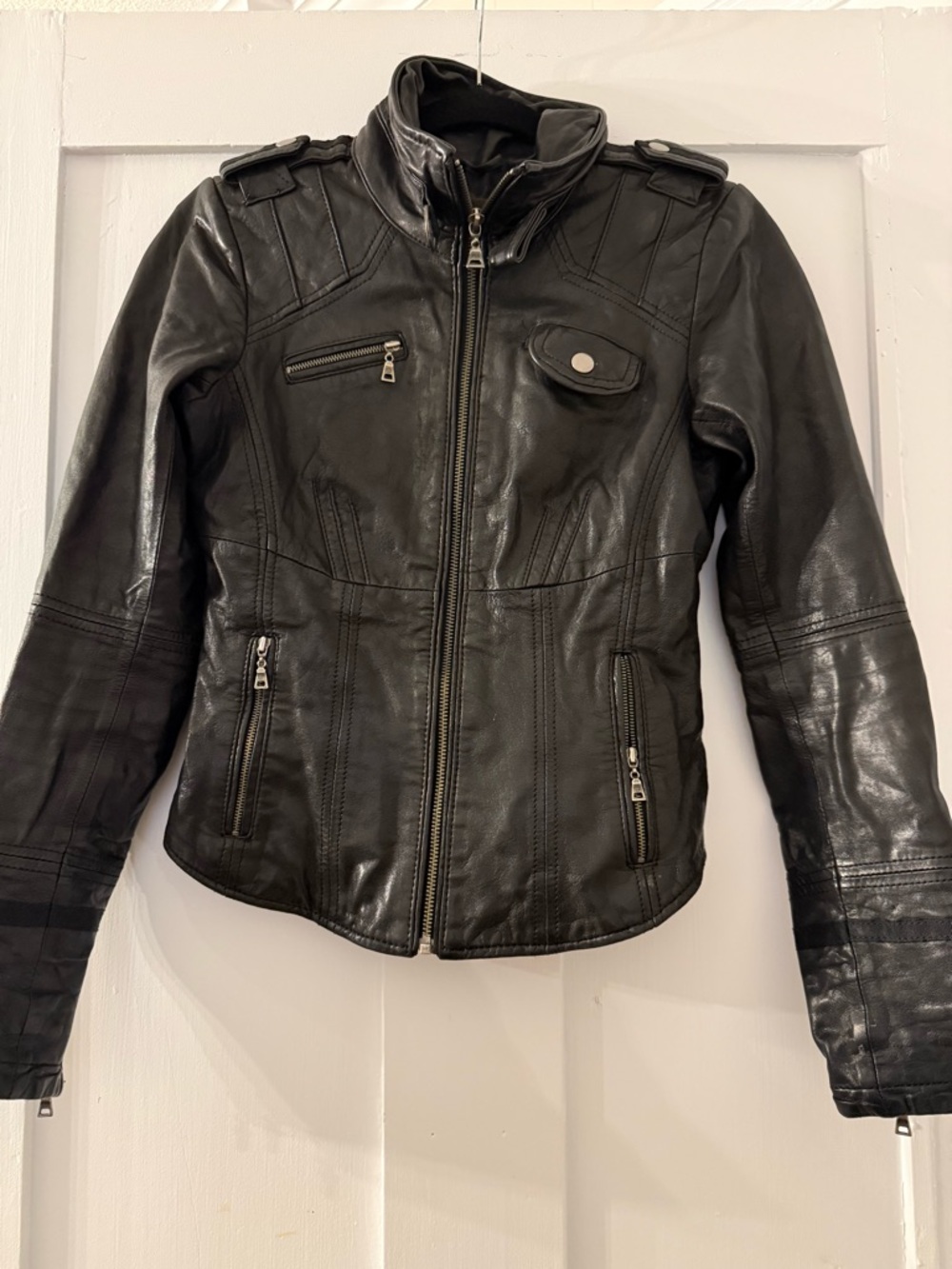 Danier Black Leather Moto Jacket with Epaulettes